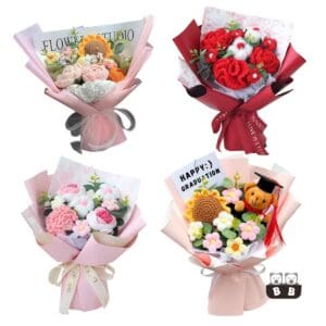 Colorful handcrafted crochet flower bouquets for special occasions.