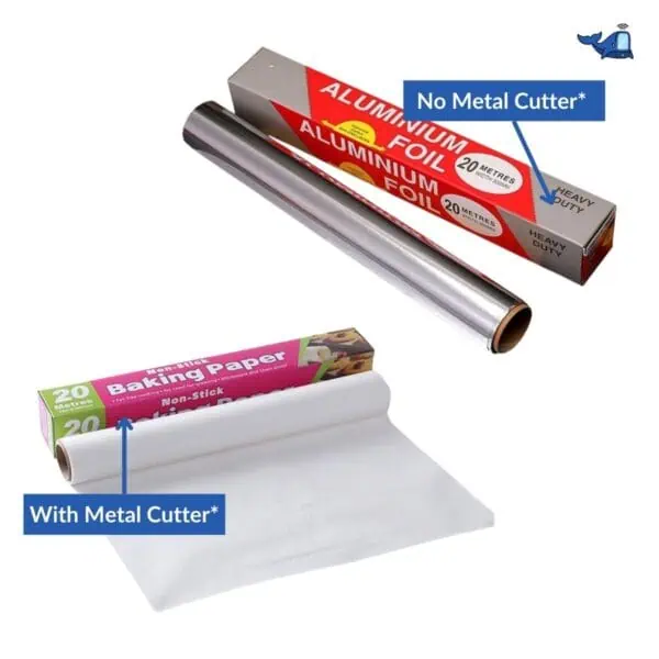 Aluminum foil and baking paper with metal cutter and no metal cutter labels.